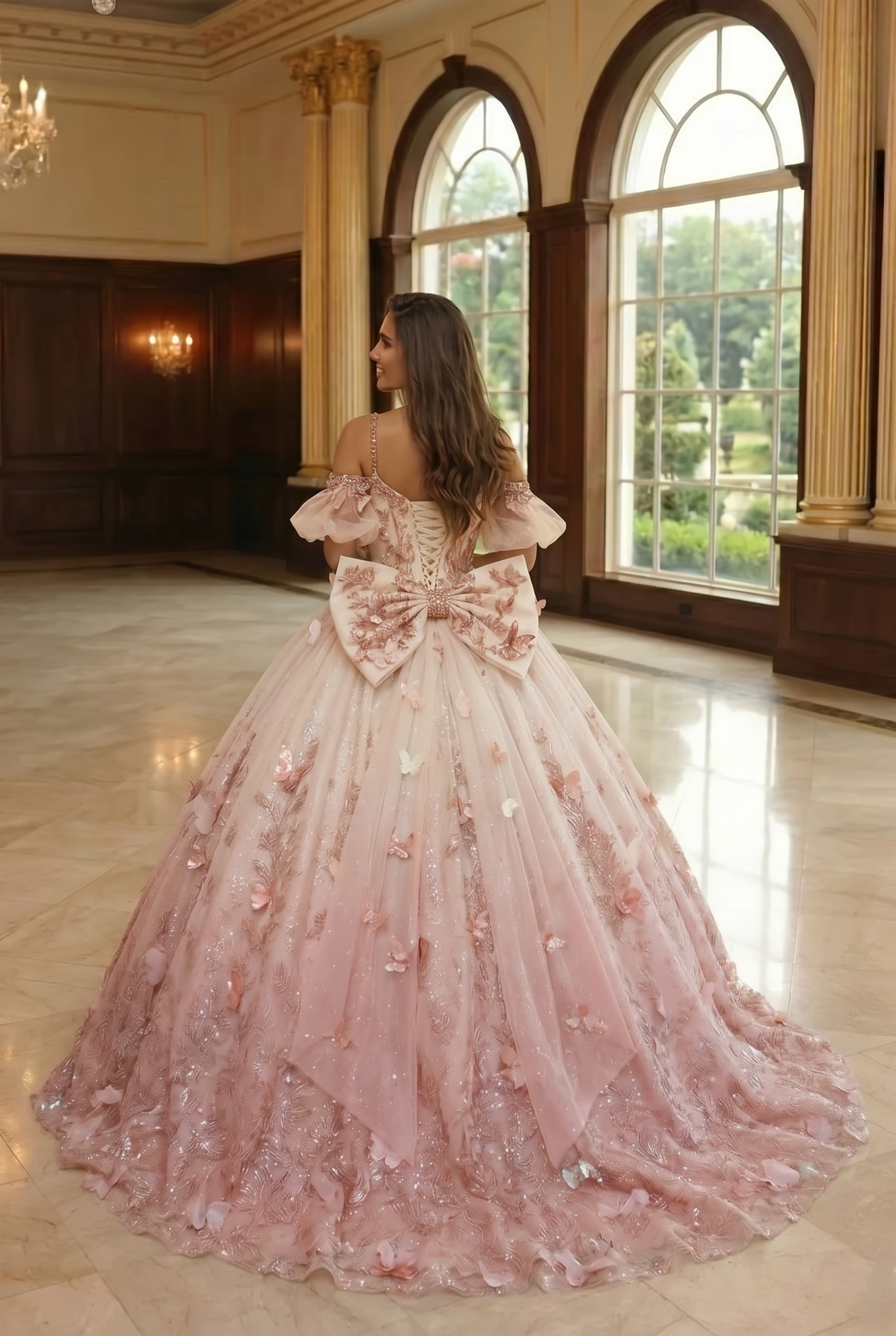 Charming Ball Gown V Neck Quinceañera Dress With 3D Butterfly and Embroidery | Promspark