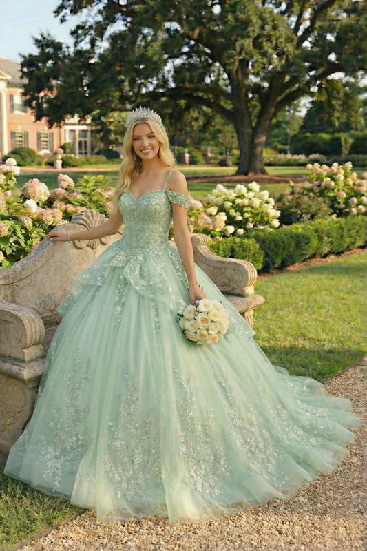 Mariposa Elegant Ball Gown Cold Shoulder Quinceañera Dress With Floral Embroidery in Turquoise - product view