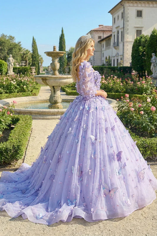 Beatriz Charming Ball Gown Illusion Long Sleeves Quinceañera Dress With 3D Butterfly in Violet, side view