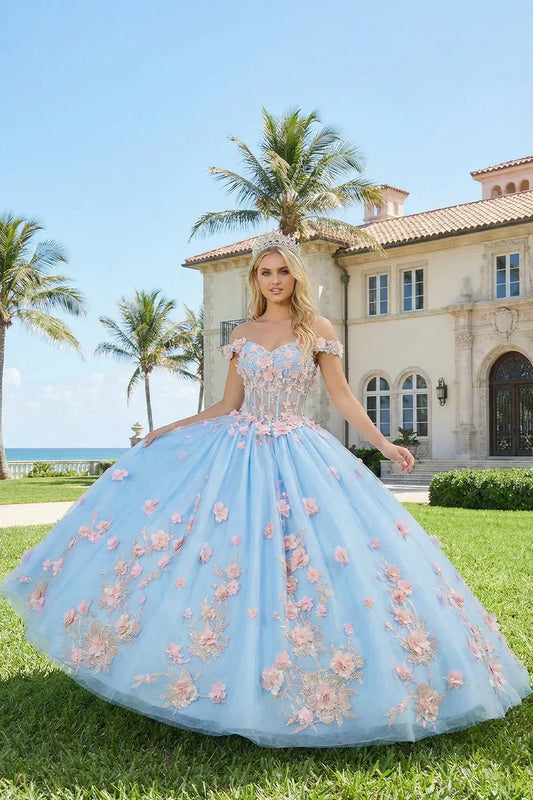 Diamantina Charming Ball Gown Illusion Neck Quinceañera Dress With 3D Floral & Lace in Sky Blue, front view