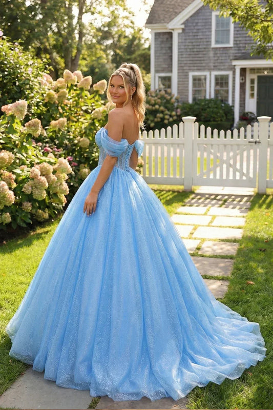 Reina Charming Ball Gown Illusion Quinceañera Dress with bow in Blue - detail view