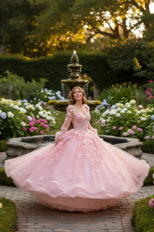 Rosalia Charming Ball Gown Long Sleeve Quinceañera Dress With Floral Lace in Pink, front view