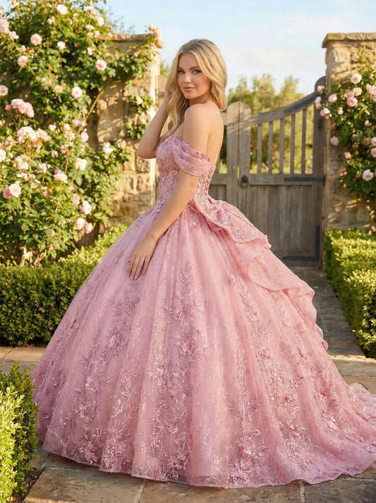 Florencia Charming Ball Gown cold shoulder Quinceañera Dress With Embroidery and Bow in Pink, side view