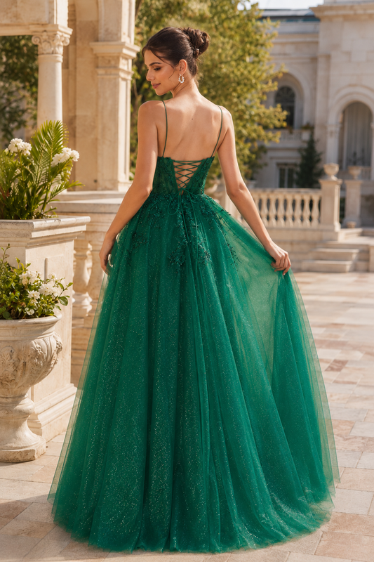 Arisette A Line V Neck Floor Length Tulle Prom Dress- Style - back view