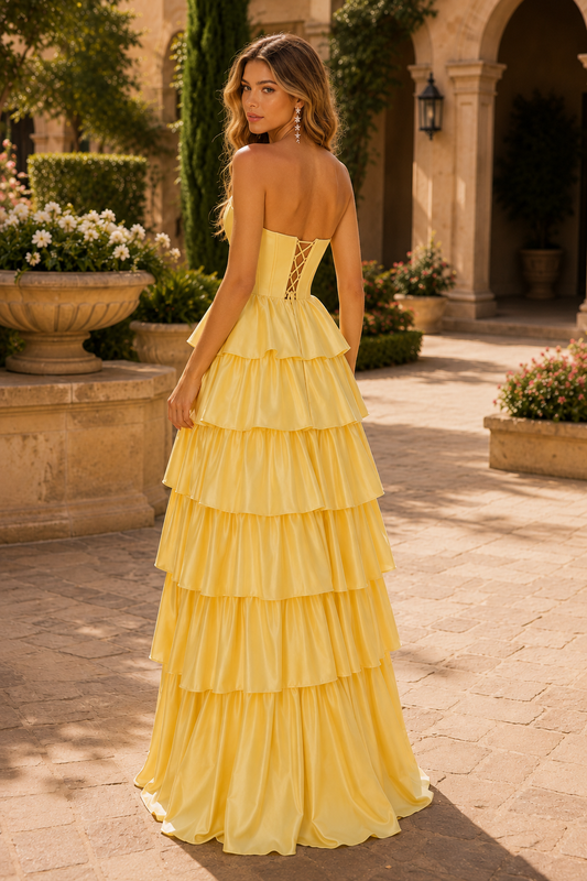 Helthia Strapless Tiered Ruffle Gown with Slit Prom Dress in Yellow - back view
