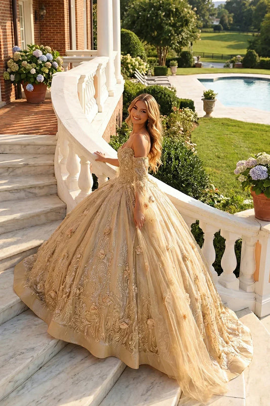 Marisol Off-the-shoulder Tulle Quinceañera Dress With 3D Floral & Glitter in Champagne - product view