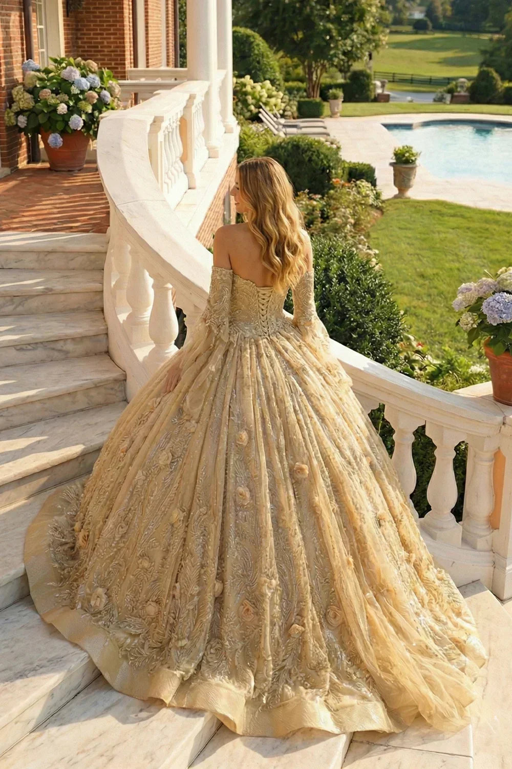 Marisol Off-the-shoulder Tulle Quinceañera Dress With 3D Floral & Glitter in Champagne - product view