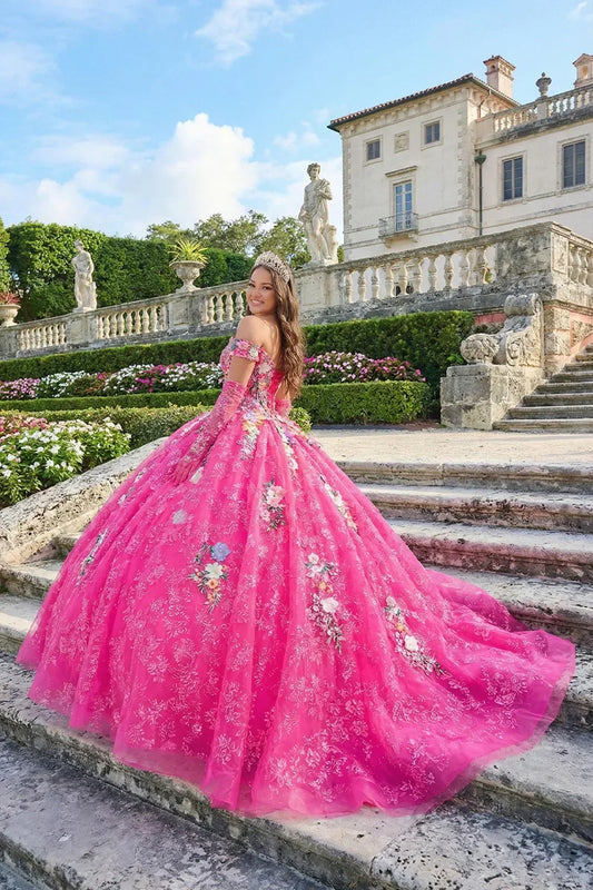 Rosabella Elegant Ball Gown Cold Shoulder Quinceañera Dress With Sheer Sleeves in Pink - product view