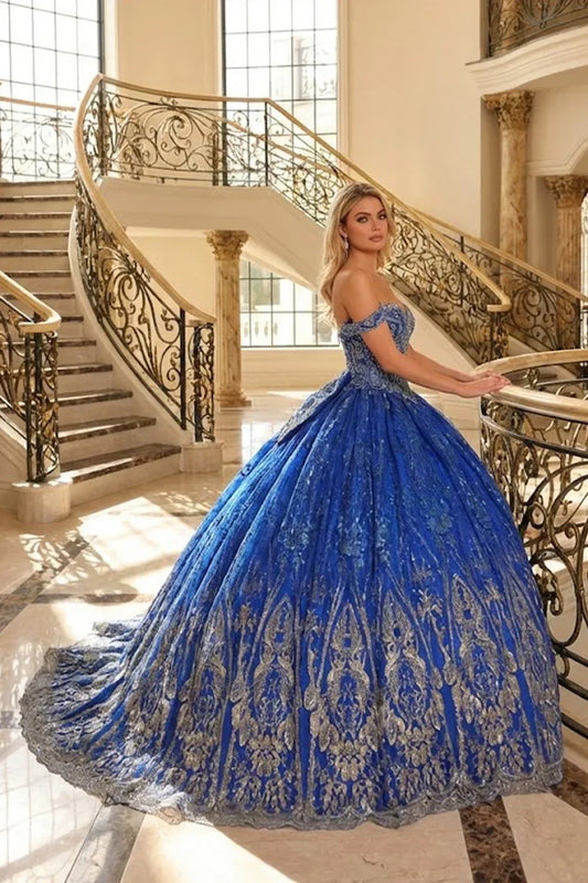 Anastasia Elegant Ball Gown Off-the-shoulder Quinceañera Dress With Floral Lace in Blue - product view