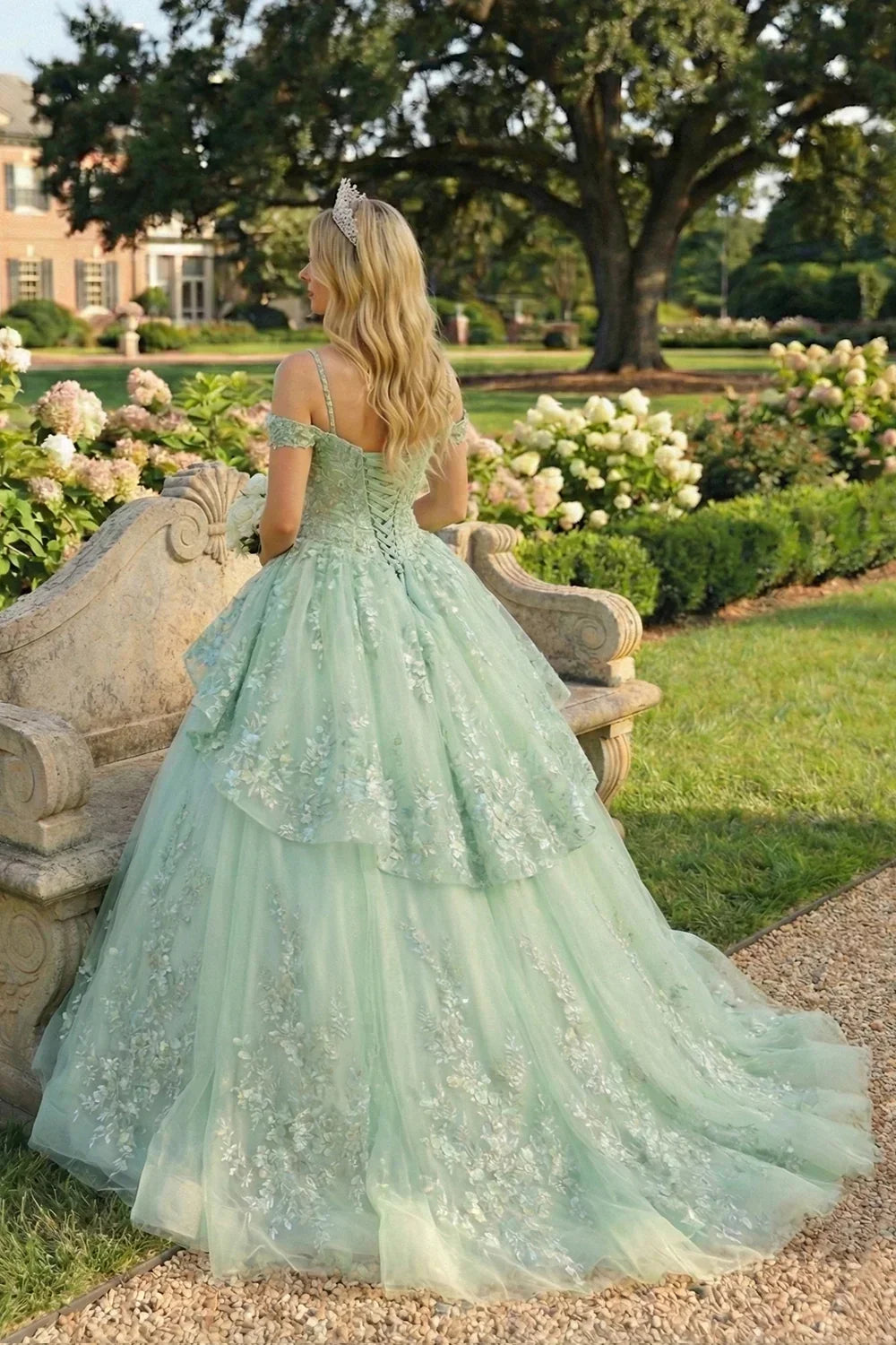 Mariposa Elegant Ball Gown Cold Shoulder Quinceañera Dress With Floral Embroidery in Turquoise - product view