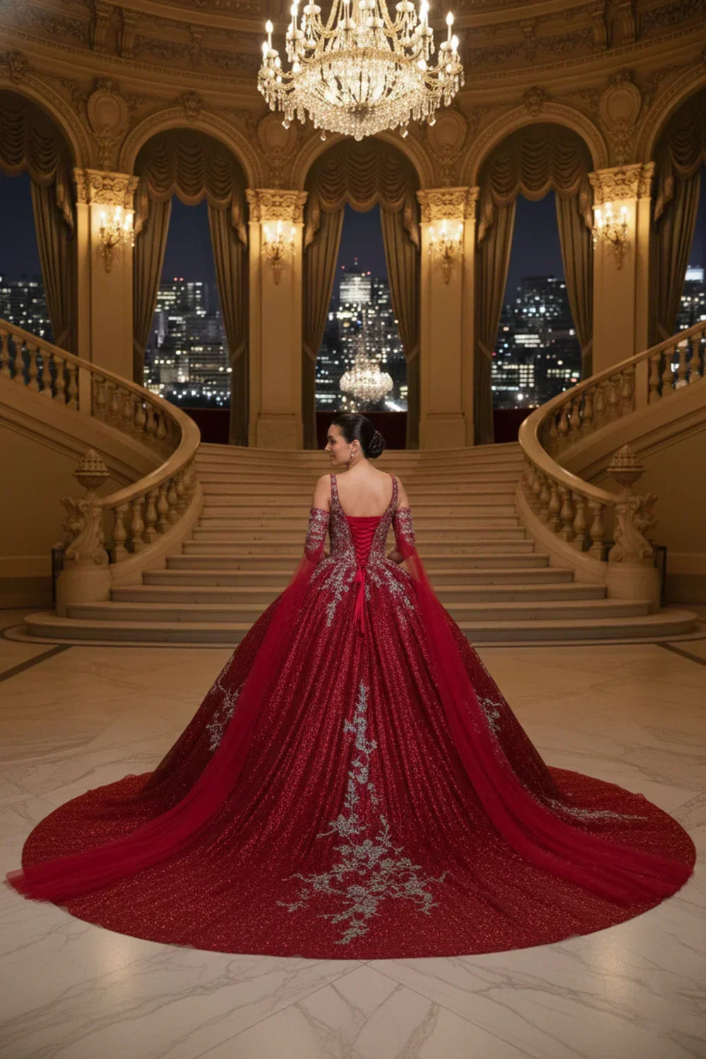Imperia Exquisite Off-the-shoulder Tulle Long Quinceañera Dress With Embroidery & Glitter in Red - product view
