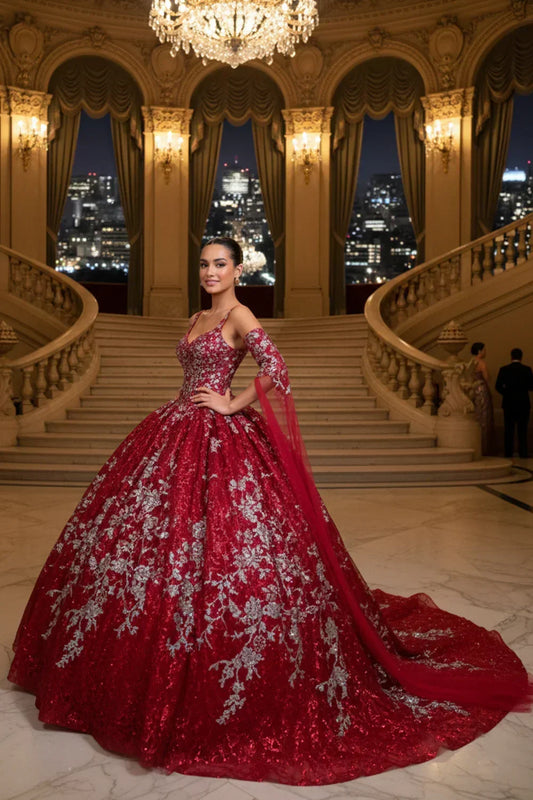 Imperia Exquisite Off-the-shoulder Tulle Long Quinceañera Dress With Embroidery & Glitter in Red - product view
