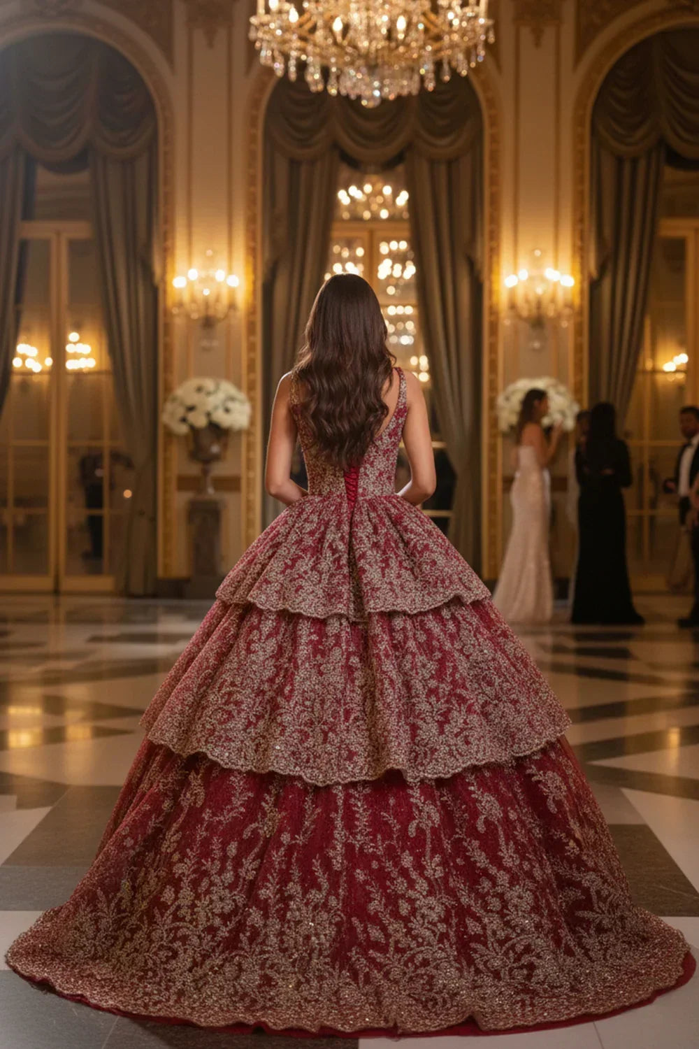 Alejandra Exquisite Ball Gown V Neck Layered Tulle Long Quinceañera Dress With Appliqued in Red - product view