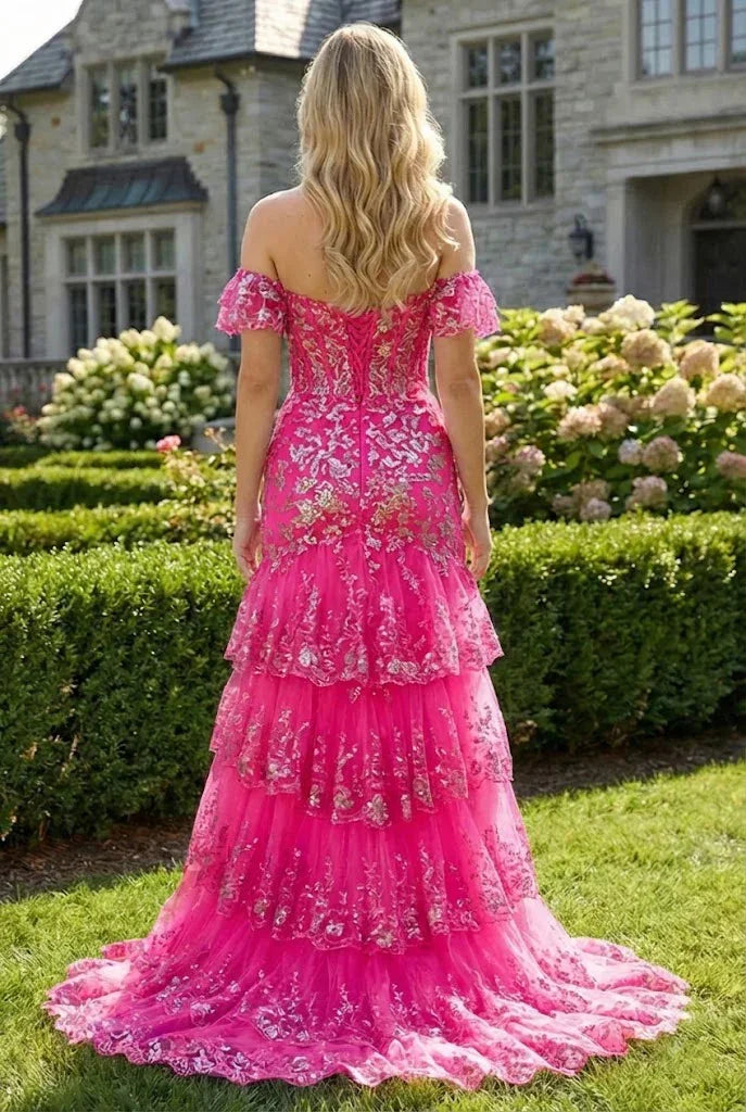Floral Sequin Corset Off the Shoulder Sheath Prom Dress | Promspark