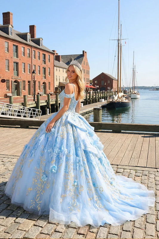 Selena Glittery Ball Gown Cold Shoulder Quinceañera Dress With 3D Floral and Embroidery in Blue - product view
