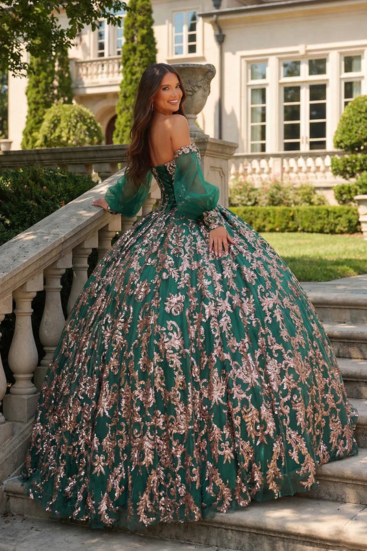 Fabiana Glittery Ball Gown Cold Shoulder Quinceañera Dress With Sheer Sleeves in Green - product view