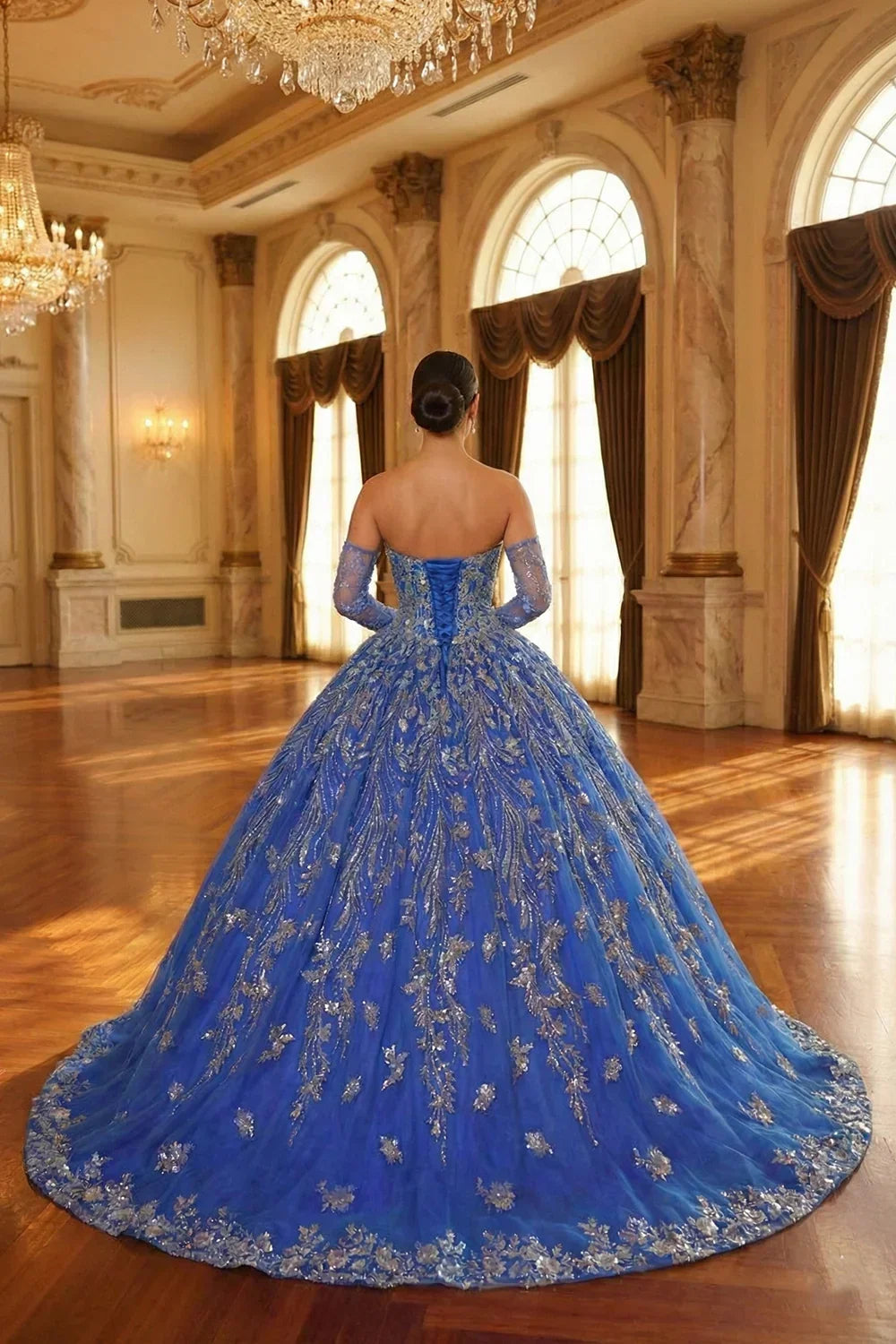 Evangelina Glittery Ball Gown Cold Shoulder Quinceañera Dress With Sheer Sleeves in Blue - product view