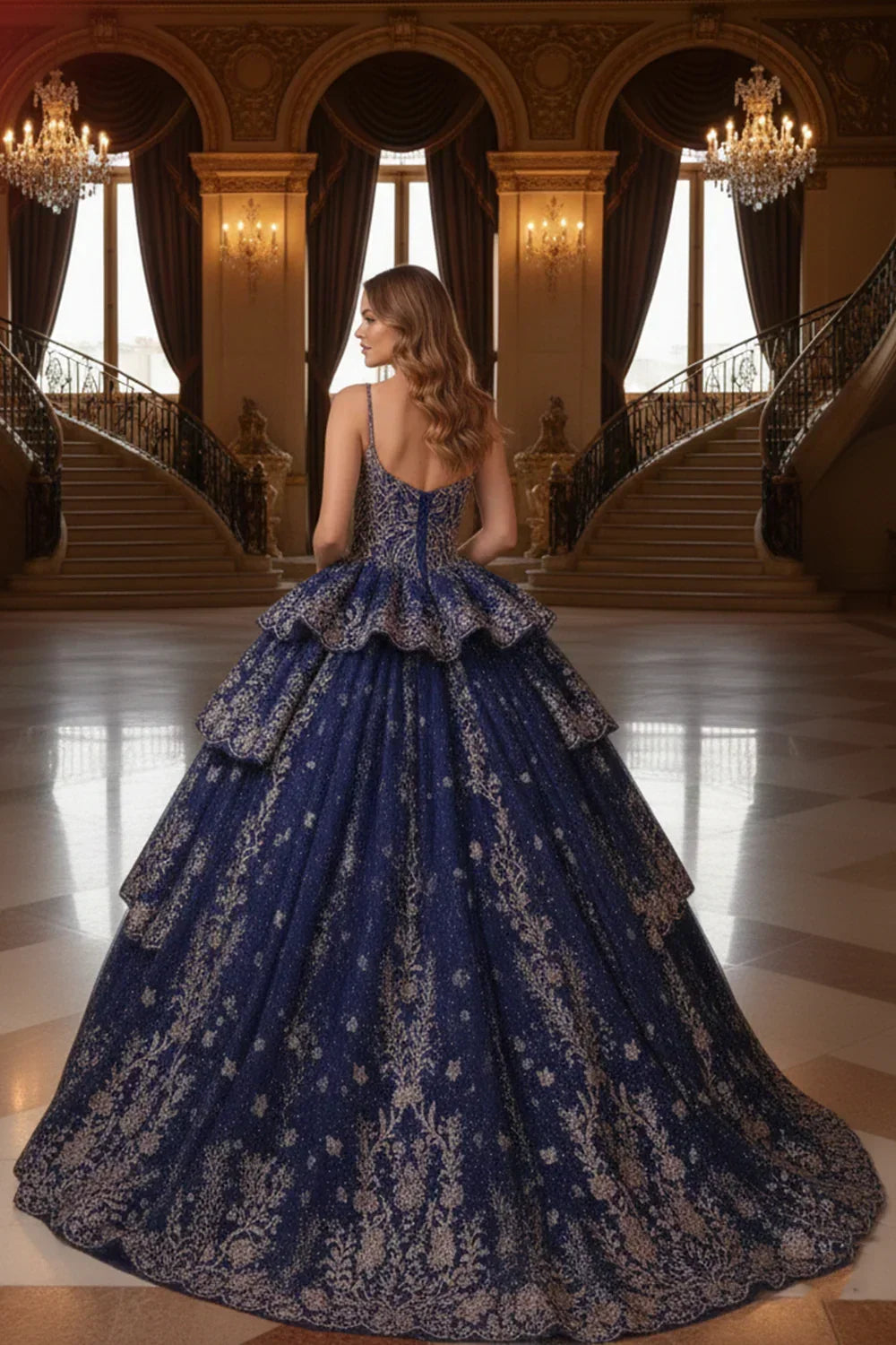 Marcela Layered Ruffled Ball Gown Cold Shoulder Quinceañera Dress With Embroidery in Blue - product view
