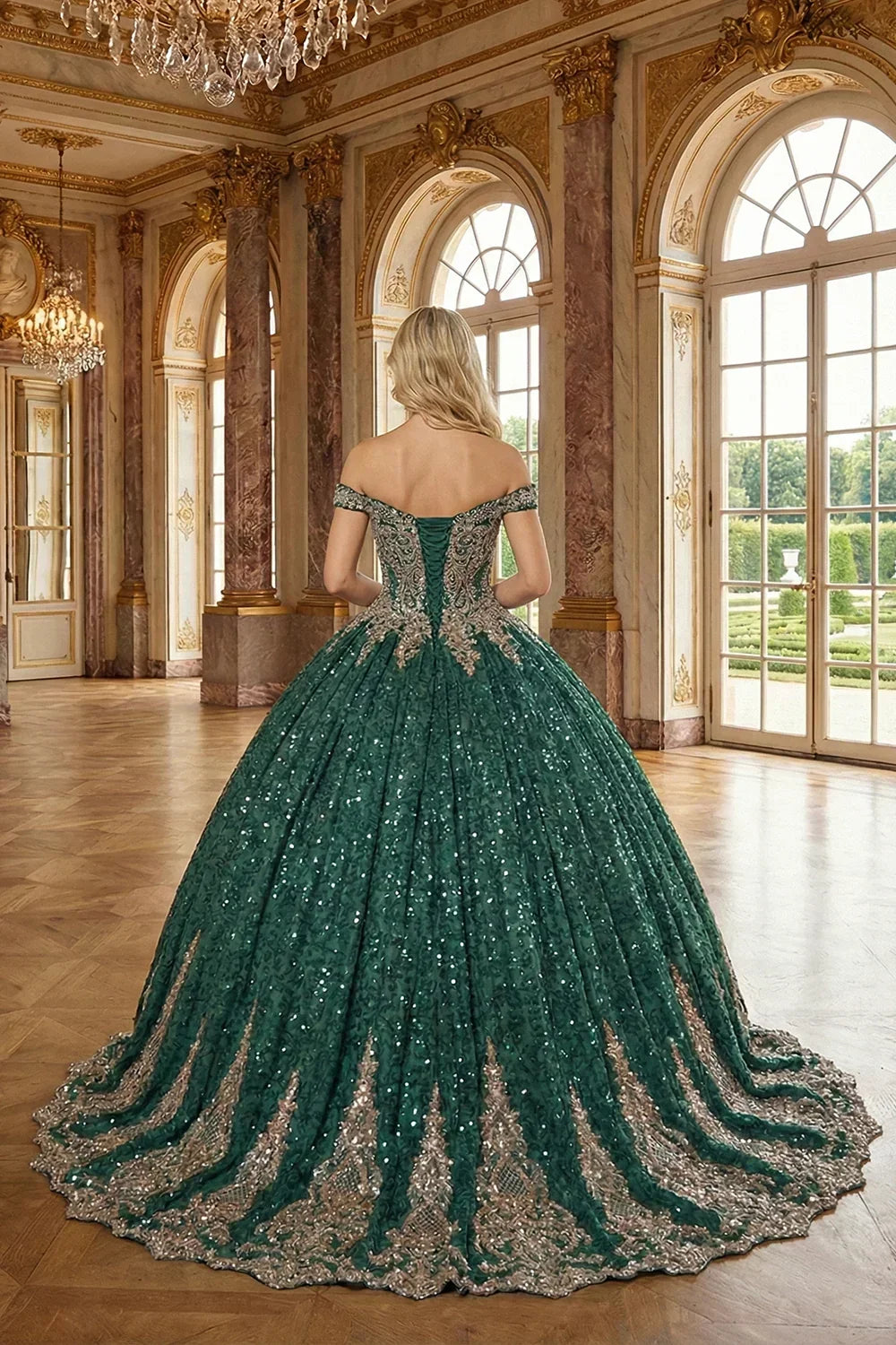 Leonora Luxurious Ball Gown Off-the-shoulder Tulle Quinceañera Dress With Intricate Lace & Glitter in Green - product view