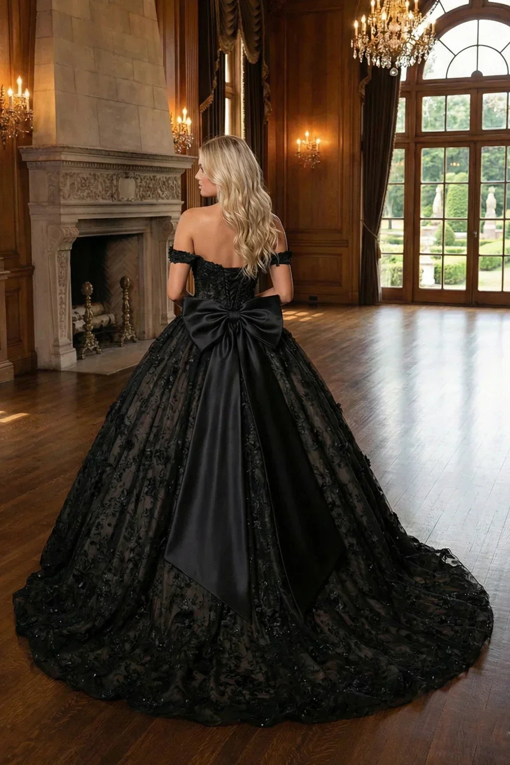 Ines Luxurious Ball Gown Sweetheart Quinceañera Dress With 3D Floral and Bow in Black - product view