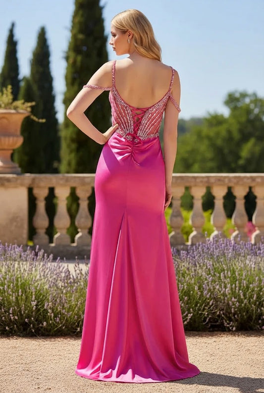 Off-the-Shoulder Beaded Corset Mermaid Prom Dress with Slit | Promspark