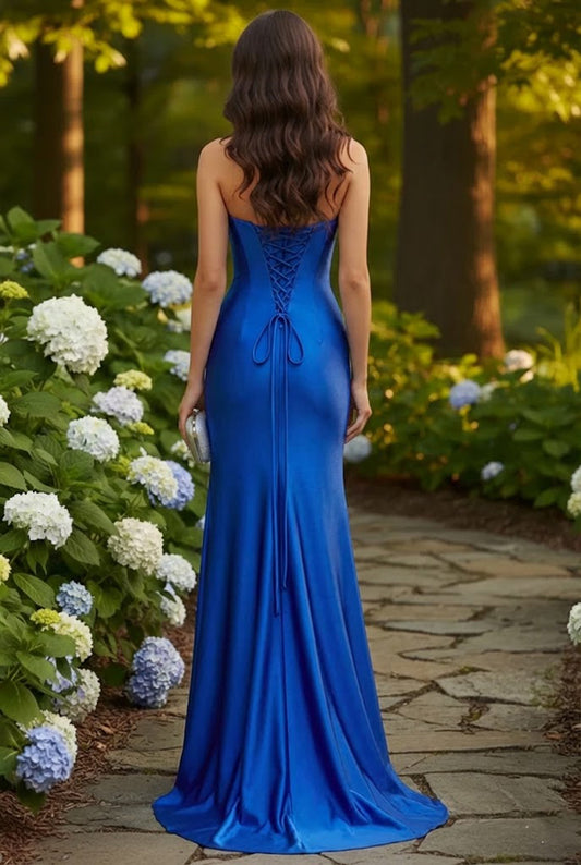 Strapless Beaded Corset Satin Mermaid Prom Dress with Slit | Promspark