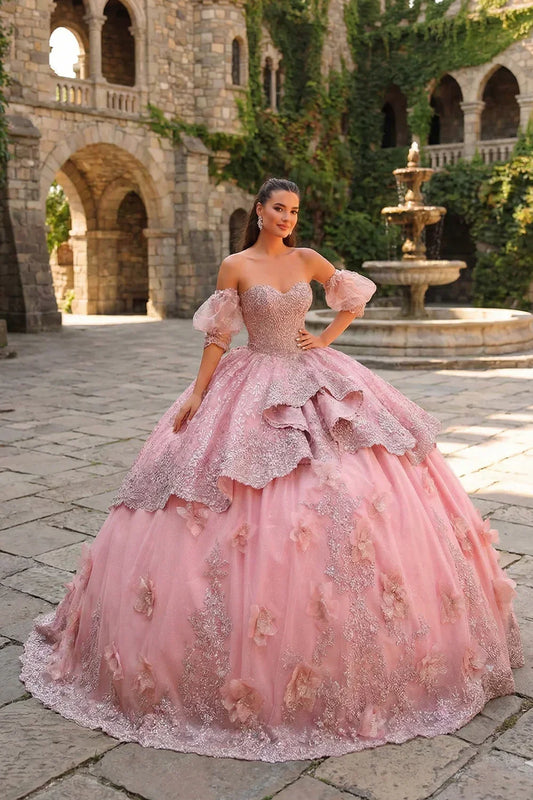 Delia Textured Ruffles Ball Gown Cold Shoulder Quinceañera Dress With Embroidery and 3D Floral in Pink - product view