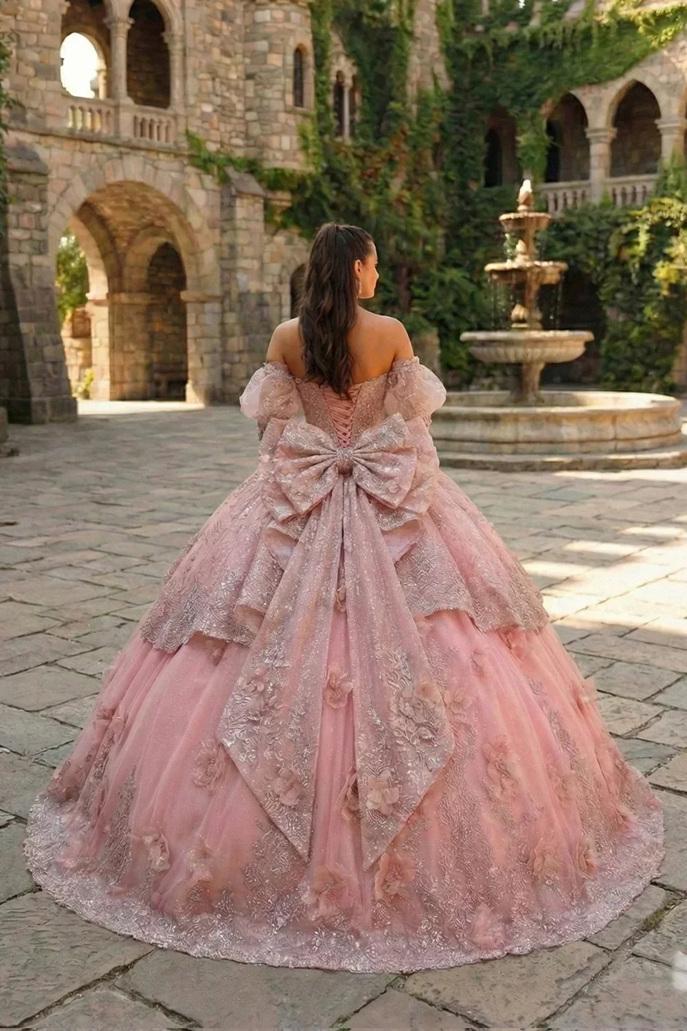 Delia Textured Ruffles Ball Gown Cold Shoulder Quinceañera Dress With Embroidery and 3D Floral in Pink - product view