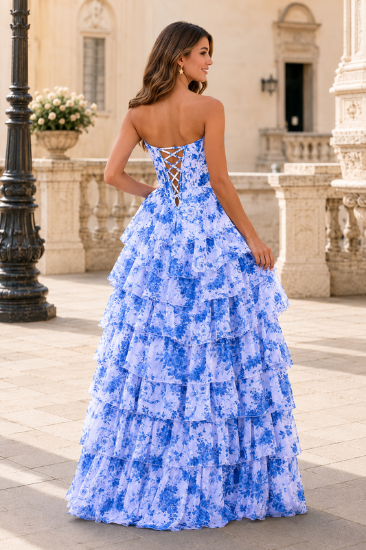 Genevieve Floral Sweetheart Tiered A-Line Prom Dress in Blue - back view
