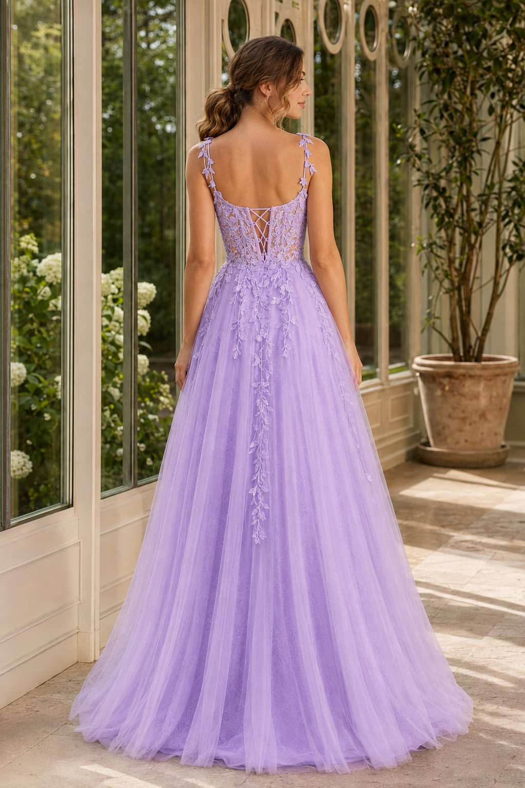 Elara lavender floral strap A-line tulle prom dress lace-up back view
