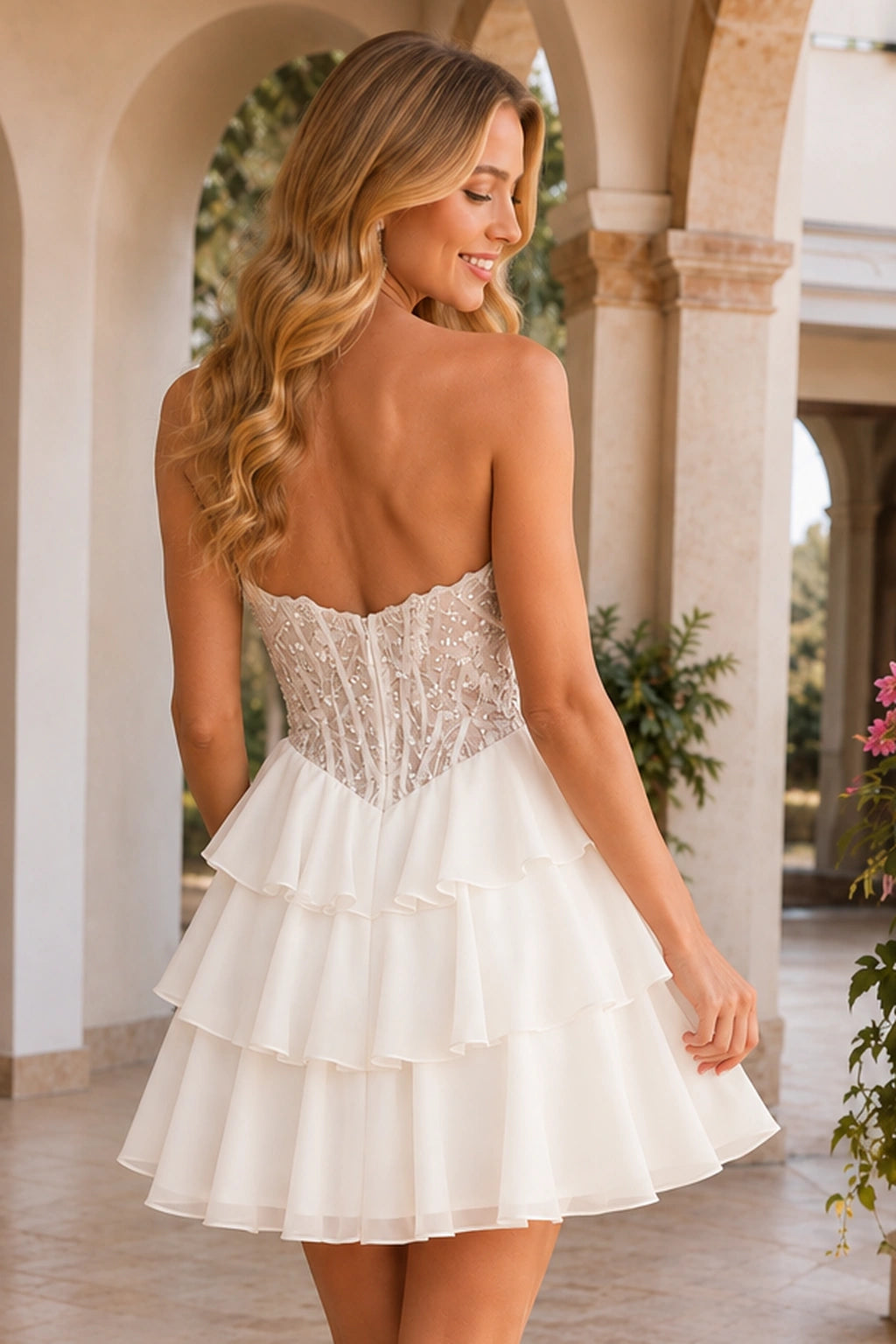 Emery Red Beaded Corset Tiered Ruffle Mini Homecoming Dress in White - back view