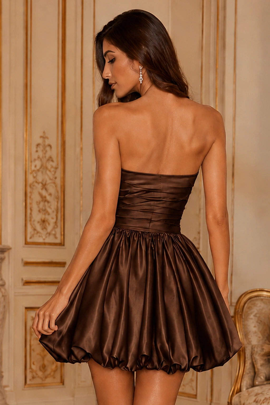 Greer Blush Pink Strapless Bubble-Hem Mini Homecoming Dress in Brown - back view