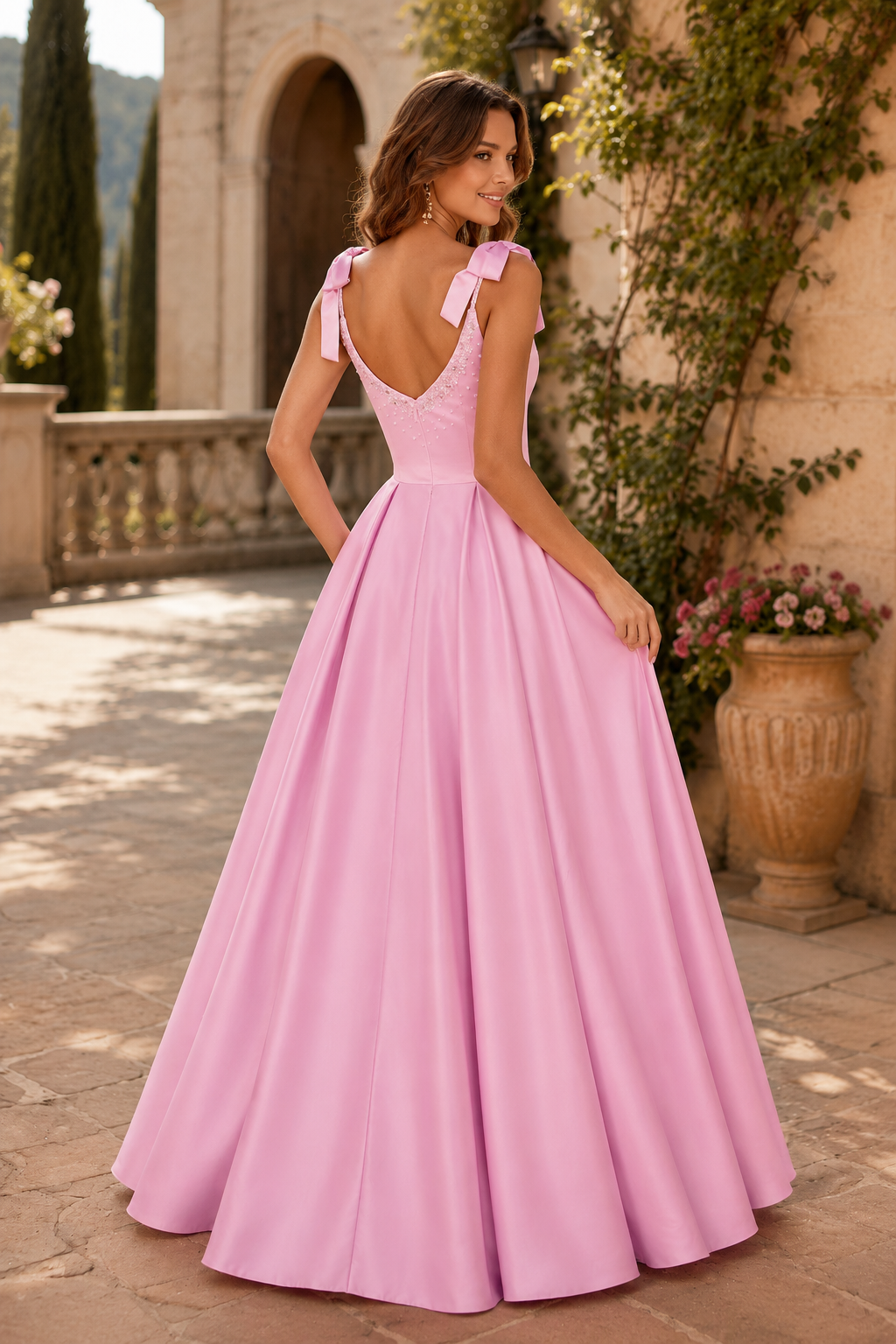 Light Pink Bow-Shoulder A-Line Prom Dress back view