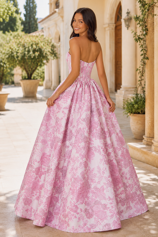 Adeline Strapless Floral Ball Gown Prom Dress - Pink Floral back view | PromSpark