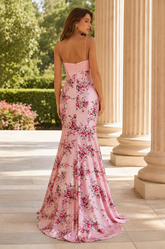 Cressida Strapless Floral Mermaid Prom Dress in Pink Floral - back view