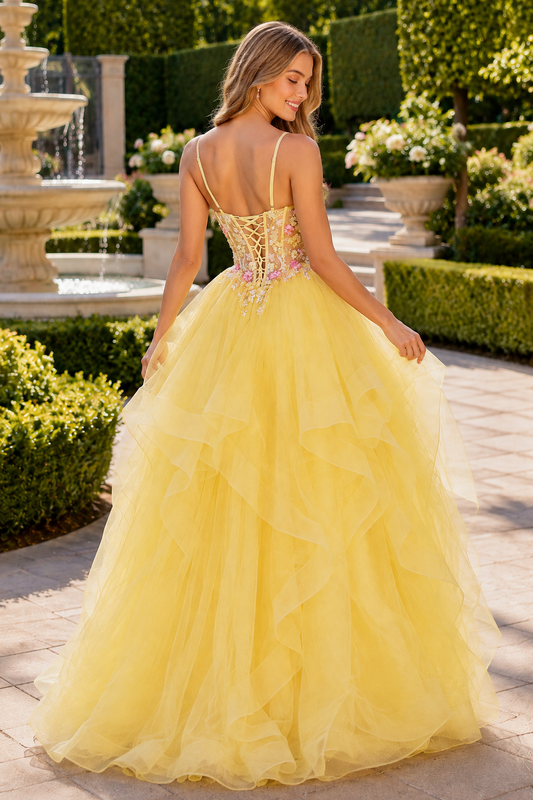 Elysia Beaded Corset Tulle Ball Gown Prom Dress in Yellow - back view