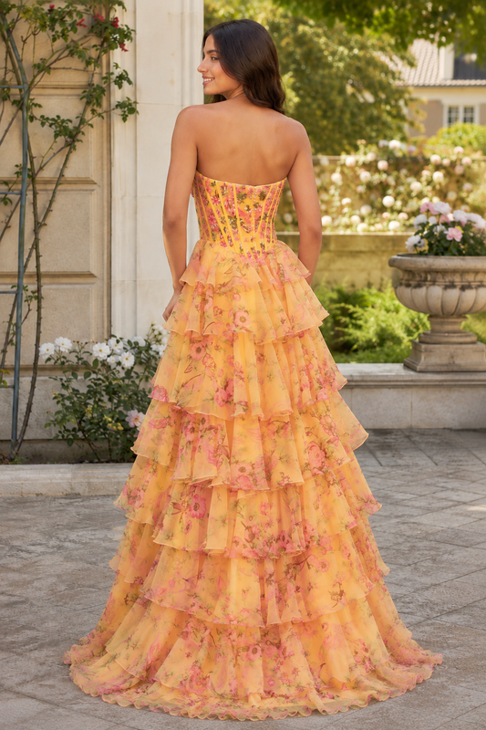 Maelle Strapless Tiered Ruffle Ball Gown Prom Dress in Yellow Floral - back view