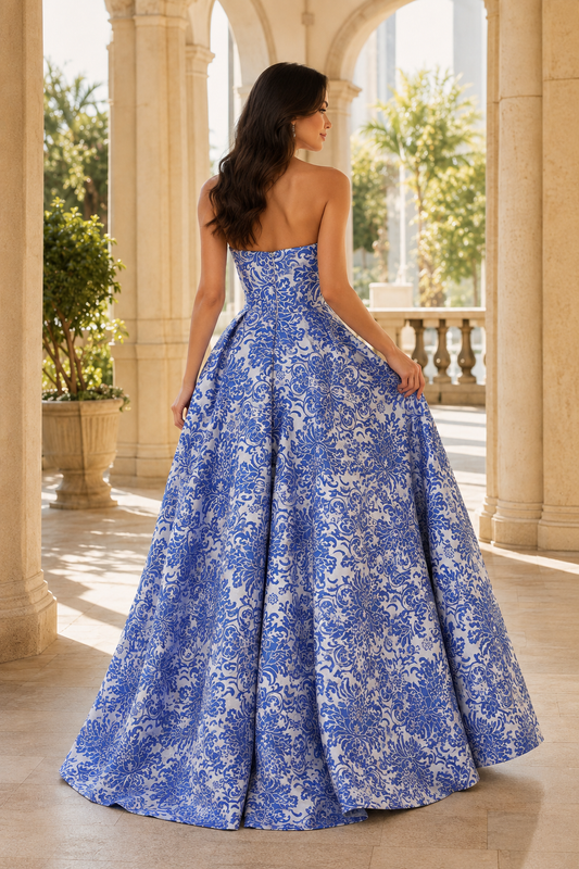 Natalia Strapless Floral Ball Gown Prom Dress in Blue Floral - back view