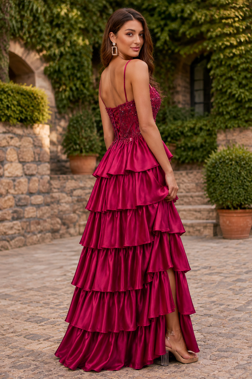 Avenora Tiered Ruffle Spaghetti Strap Prom Dress with Slit in Fuchsia - back view