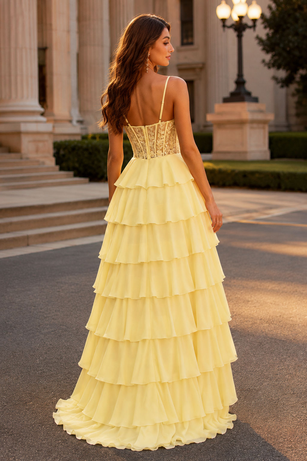 Orlena Beaded Corset Tiered Ruffle Prom Dress with Slit in Yellow - back view