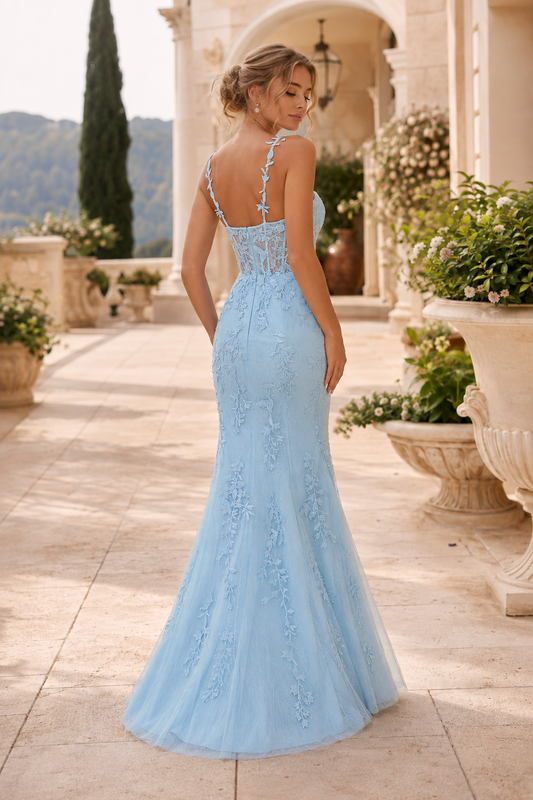 Giselene Spaghetti Strap Lace Mermaid Prom Dress - Light Blue back view | PromSpark