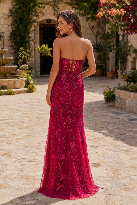 Ferona Strapless Cutout Lace Mermaid Prom Dress with Slit in Burgundy - back view