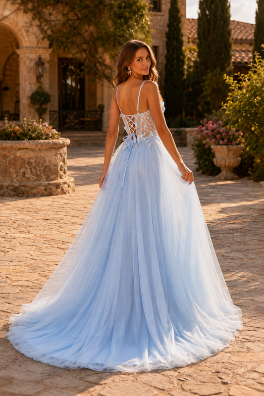 Xelora Floral Applique Tulle A-Line Prom Dress with Slit in Light Blue - back view