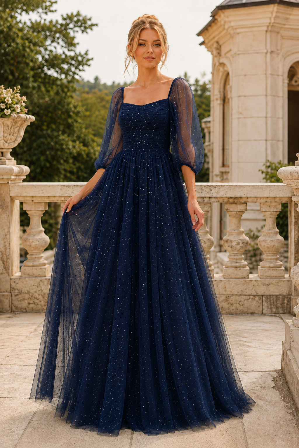 Kalsette A Line Square Neckline 3 4 Sleeve Floor Length Tulle Prom Dress in Champagne - back view