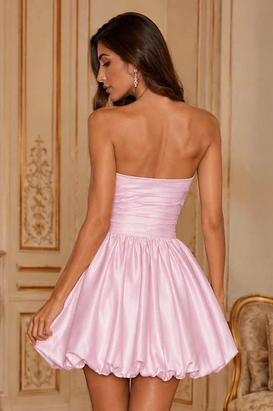 Greer Blush Pink Strapless Bubble-Hem Mini Homecoming Dress in Blush Pink - back view