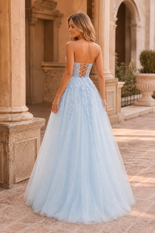 Jordelle Light Strapless Sweetheart Tulle Ball Gown Prom Dress in Light Blue - back view