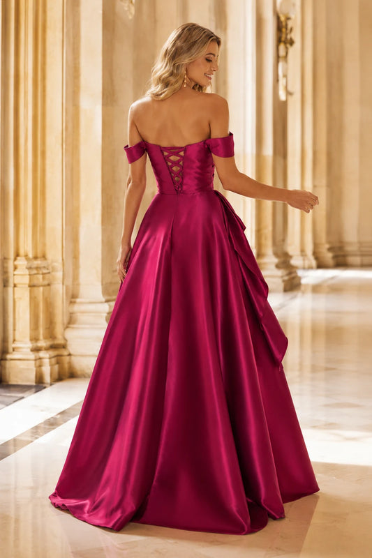 Jorvara Off-the-Shoulder Sweetheart Gown with Slit Prom Dress in Fuchsia - back view