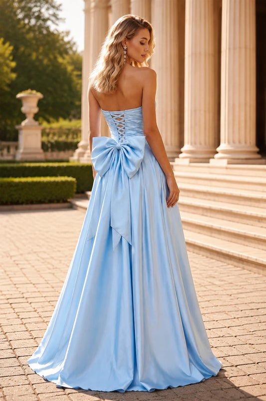 Jorlisse Light Strapless Bow-Detail Gown with Slit Prom Dress in Light Blue - back view