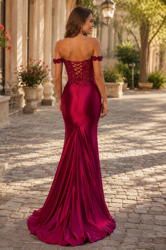 Isaliane Off-the-Shoulder Fitted Gown with Slit Prom Dress in Fuchsia - back view
