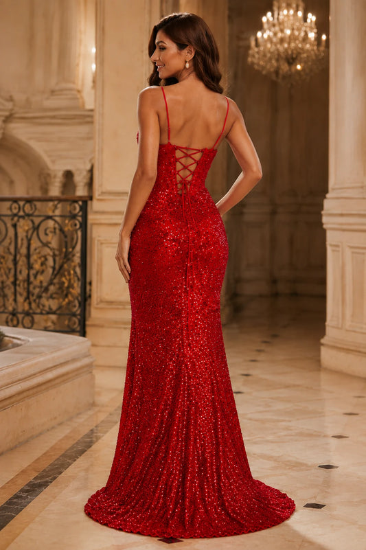 Isasette Spaghetti-Strap Embellished Gown with Slit Prom Dress in Red - back view